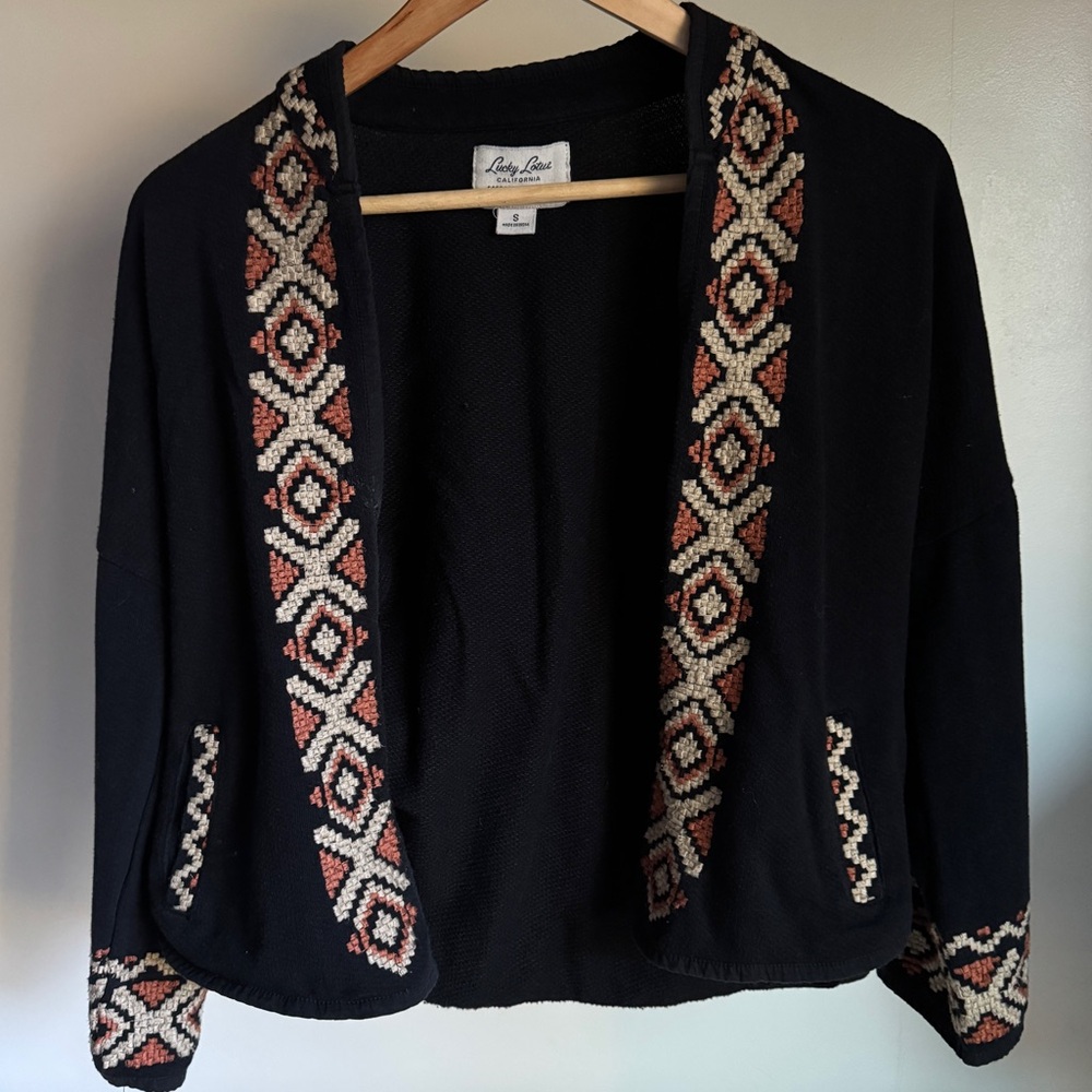 Lucky Lotus Embroidered Cardigan, Size Small, Boho Aztec Print, Black